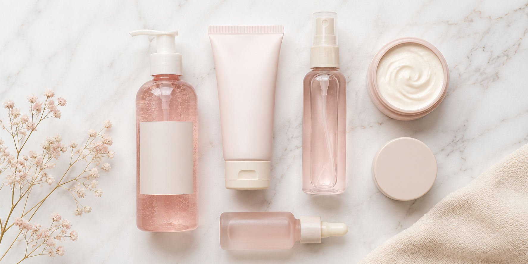 Clean skincare and body care essentials arranged neatly on marble