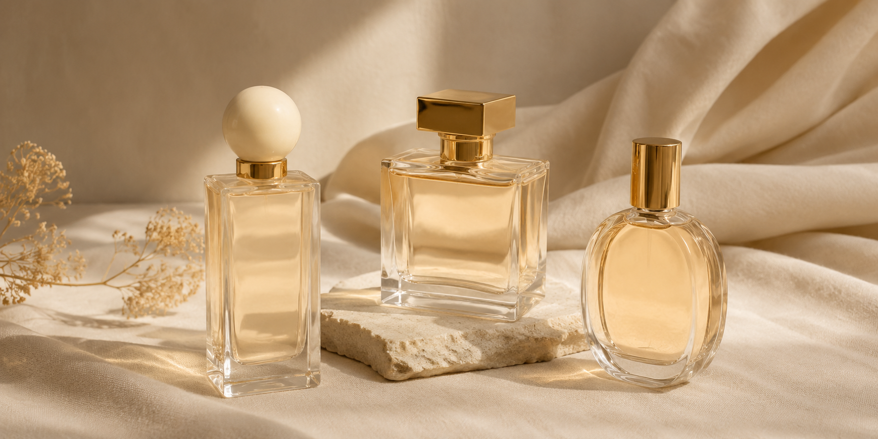 Minimalist glass perfume bottles on a pale linen surface